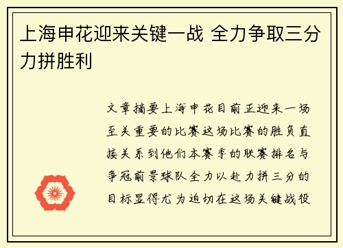 上海申花迎来关键一战 全力争取三分力拼胜利