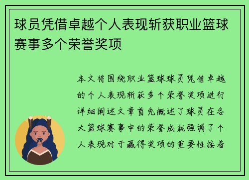 球员凭借卓越个人表现斩获职业篮球赛事多个荣誉奖项