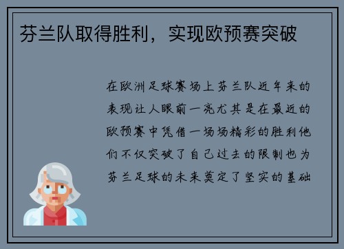 芬兰队取得胜利，实现欧预赛突破